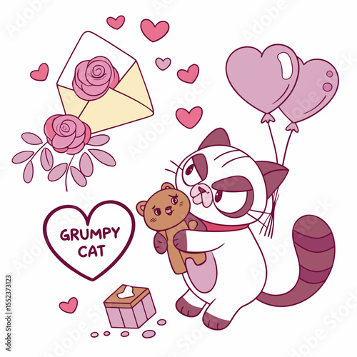 Excited Grumpy Cat with with a stuffed animal, set in a charming Valentine theme – Valentine Blush color vector art