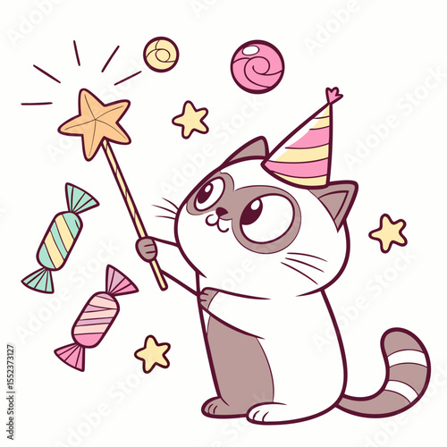 Vector illustration of a Mischievous Grumpy Cat with with a magic wand, styled in a Birthday theme using Candy Shop colors