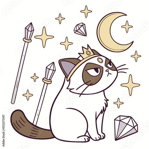 Cute Grumpy Grumpy Cat, accessorized with with a tiny crown, in a Starry night world – Magical Night palette vector