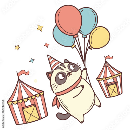 Cute SVG of a Curious Grumpy Cat in Big Top Brights colors, featuring floating with balloons in a Circus Carnival setting