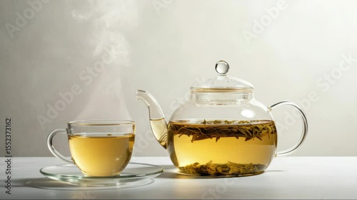 Steaming glass teapot and teacup filled with herbal tea on table