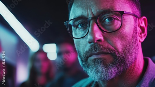 A close-up portrait of a serious man wearing glasses, exuding intensity and depth of thought amidst a backdrop of colorful lights and shadows reflective of his personality.