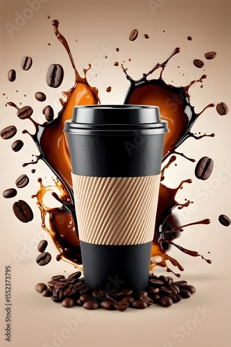 A coffee cup with a brown lid and a brown sleeve is surrounded by coffee beans. The image has a playful and fun vibe, as if the coffee cup is having a little accident and spilling its contents. 