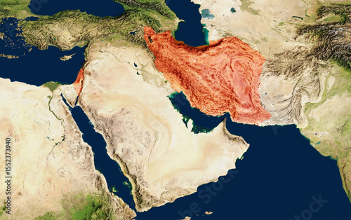 Map showing the conflict between Israel and Iran. 3D rendering of a map of the Middle East, focusing on Israel and Iran.