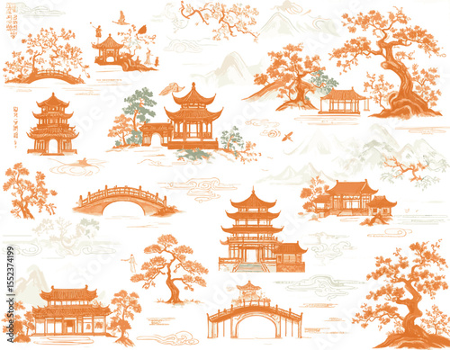 Elegant pattern inspired by traditional Chinese patterns, featuring burnt orange pagodas, bridges, green trees, and figures on a soft white background. 