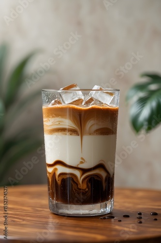 A glass of coffee with ice cubes in it. The coffee is a mix of brown and white, and it has a frothy texture. The glass is sitting on a wooden table. 