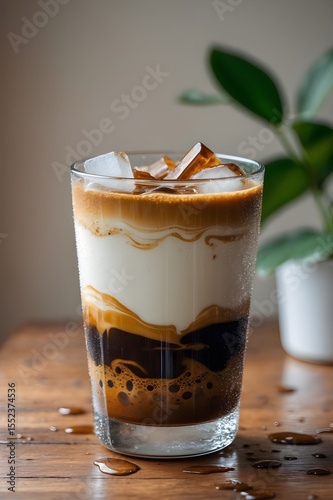 A glass of coffee with ice cubes in it. The coffee is a mix of brown and white, and it has a frothy texture. The glass is sitting on a wooden table, and there is a potted plant nearby.        