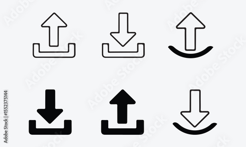 Set of Upload and Download Icons Line and Silhouette Vector on White Background