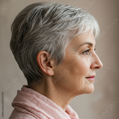 profile portrait of middle aged woman with short hair