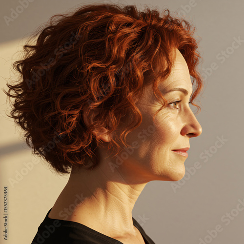 profile portrait of middle aged woman with short hair