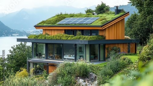 Energyefficient home with green roof and solar panels, ecofriendly architecture, clean design