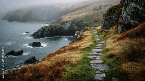 Coastal Stone Path on a Misty Ocean Cliff