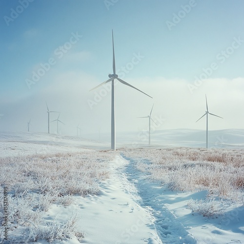 wind turbines in snow-covered plains, cold tones, atmospheric