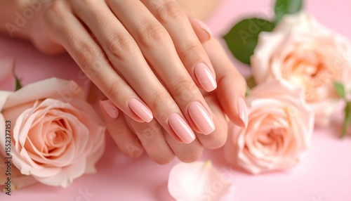 Female hands with a fresh pink manicure gracefully posed against a backdrop of light pink roses, creating an elegant and feminine composition that exudes softness and beauty.