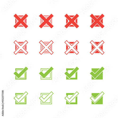 Kolorowe ikony checkbox – zielone zaznaczenia i czerwone krzyżyki. Wektorowy zestaw do wykorzystania w projektach.