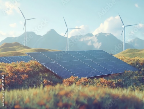 Field of solar panels with wind turbines in background, hybrid renewable energy, ecofriendly tone