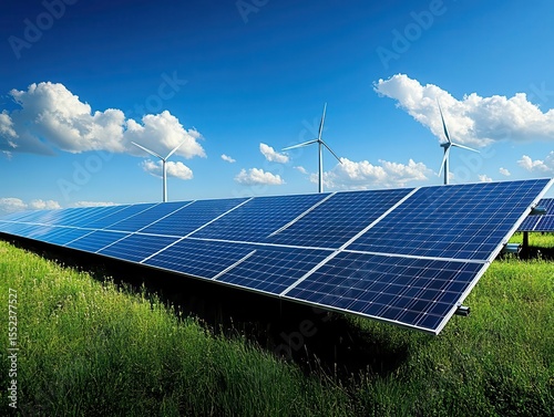 Field of solar panels with wind turbines in background, hybrid renewable energy, ecofriendly tone
