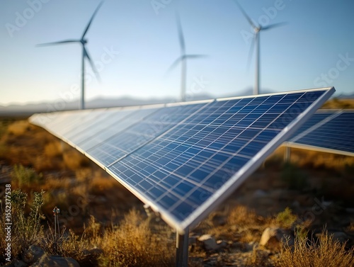 Field of solar panels with wind turbines in background, hybrid renewable energy, ecofriendly tone
