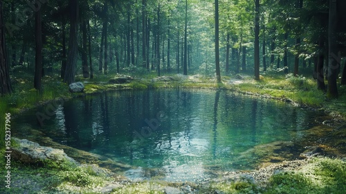 Freshwater spring surrounded by trees, conservation of resources, pristine nature