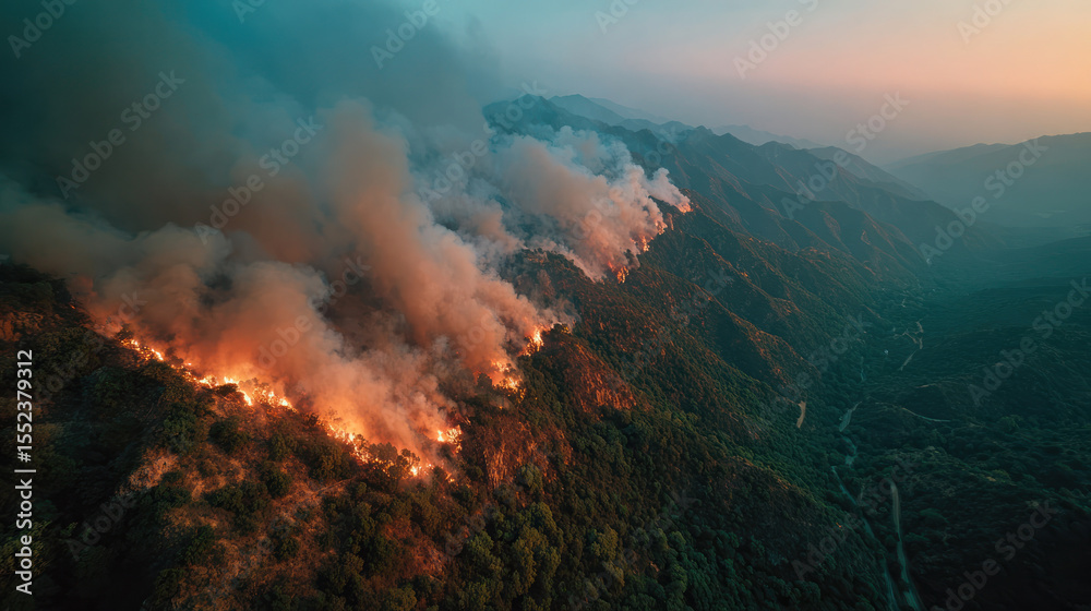 Naklejka premium Wildfire spreading through dry forest on mountain ridge with thick smoke and glowing flames at sunset.