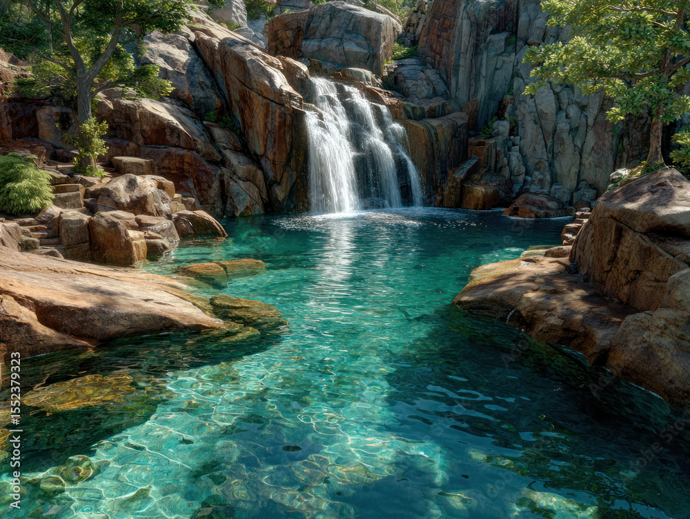 Naklejka premium Waterfall cascading into crystal clear lagoon surrounded by rocky cliffs and lush green trees in bright sunlight.