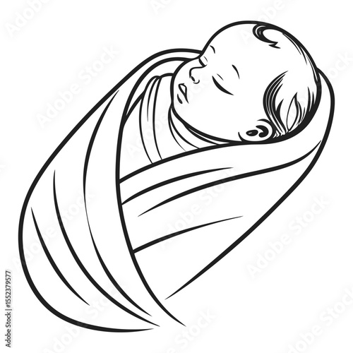 Adorable newborn baby swaddled in a blanket peaceful sleep black and white illustration