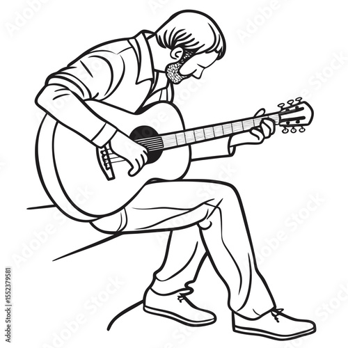 Acoustic guitarist performing music seated playing a six string instrument vector illustration