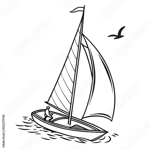 Vector illustration of a sailboat navigating the sea with a seagull in the sky.