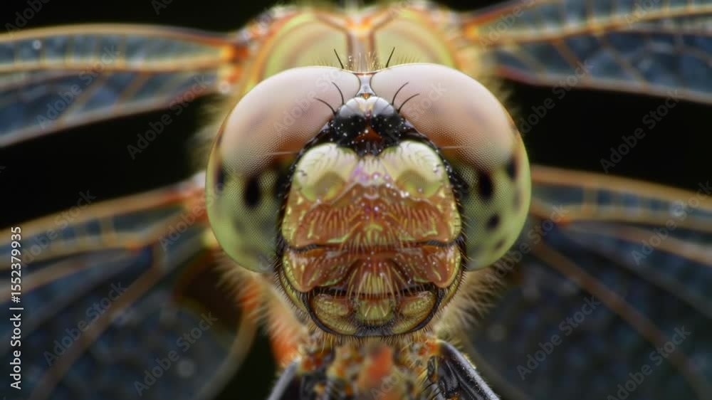 Ultra macro close-up of a dragonfly head, highly detailed compound eyes ...