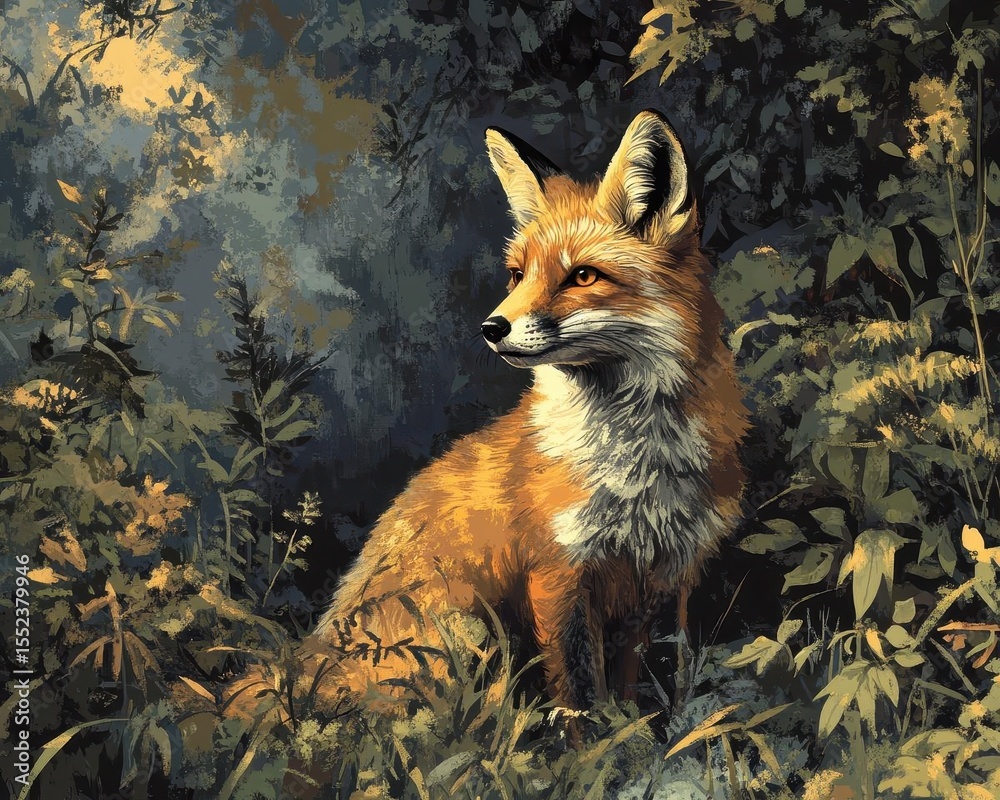 Fototapeta premium Red fox in dense forest, wild and free, natural environment, highdefinition detail