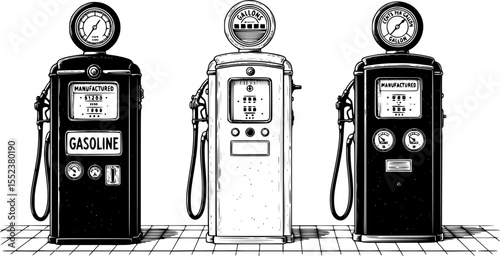 Retro gas fuel pump station isolated on white, charcoal drawing. Pump, gasoline, nozzle, gas, vintage. EPS 10 version.