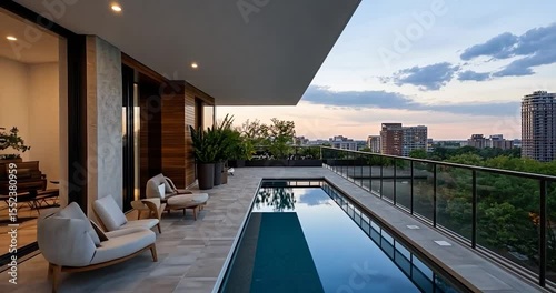 Video of a modern luxury apartment balcony featuring a swimming pool comfortable lounge chairs and a city view at dusk