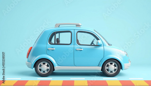 3D cartoon blue car illustration, ideal for transport concept, children’s content, or travel and mobility themes.