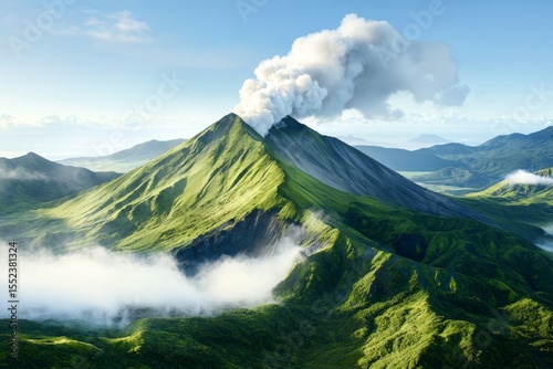 A mountain with a volcano on top and a cloud of smoke coming out of it photo