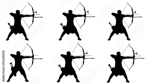 Archer silhouette repetition showcases target practice with bow and arrow mastery against a clean white background.