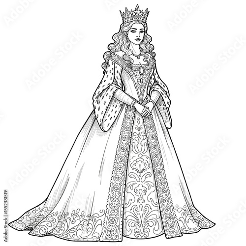 An elegant queen stands calmly with hands clasped, dressed in a richly detailed gown and crown adorned with intricate floral and ornamental patterns