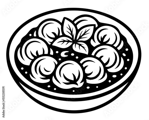 A white bowl of dumpling with a black design of food in it. The bowl is filled with a variety of food items, including a leafy green.