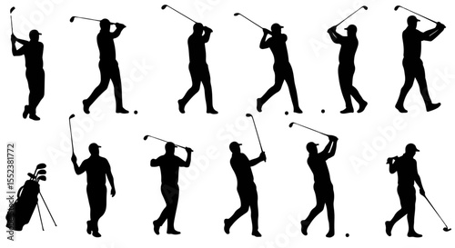 Golf silhouettes showcase the swing motion from various positions, featuring a golf bag, perfect for sports illustration and design.