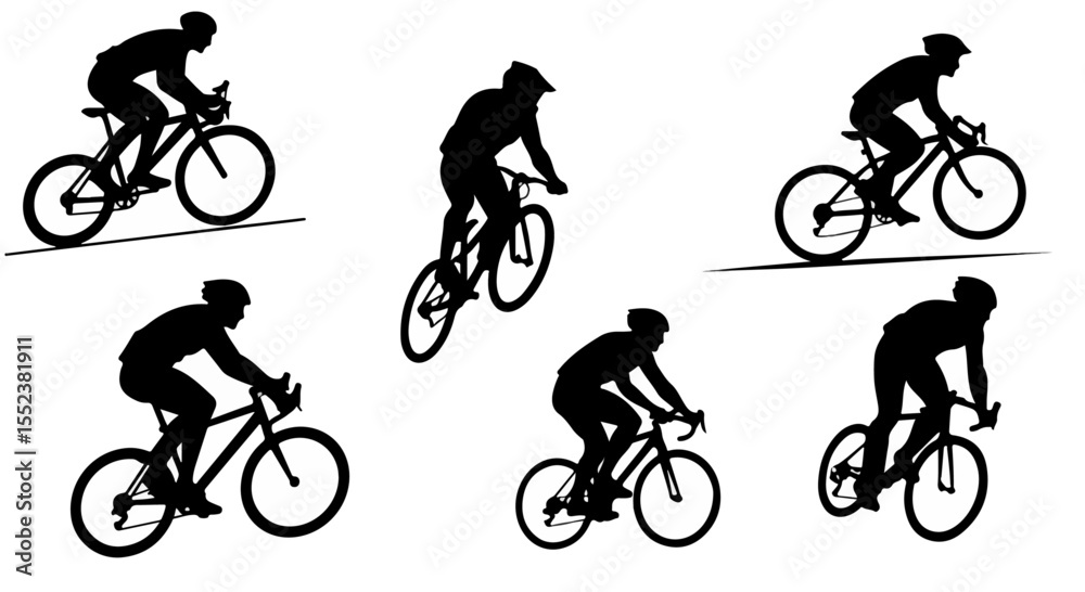 Fototapeta premium Cyclists silhouettes pedal on bikes, a graphic vector illustration for sport, fitness, and outdoor activity themes.