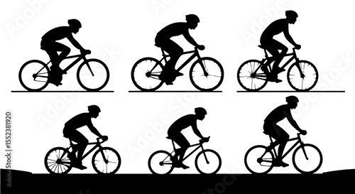 Black silhouettes illustrate cycling, depicting athletes in motion outdoors, highlighting fitness, activity and healthy lifestyle
