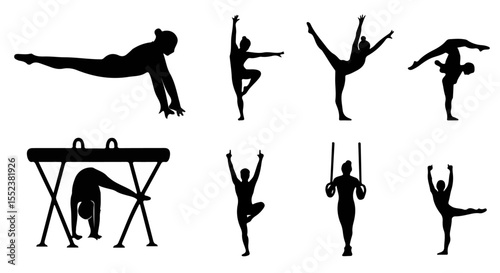 Gymnastics silhouettes showcase athletic skill and graceful movements for artistic and sports illustrations.