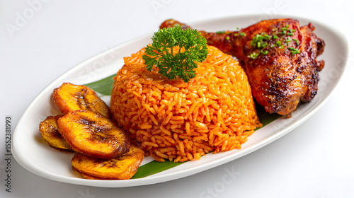 Vibrant Plate of Authentic Nigerian Jollof Rice with Grilled Chicken and Fried Plantains Garnished with Parsley