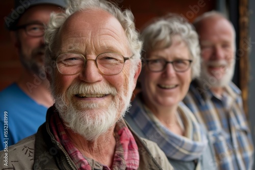 Portrait of happy senior friends smiling and looking at camera in home