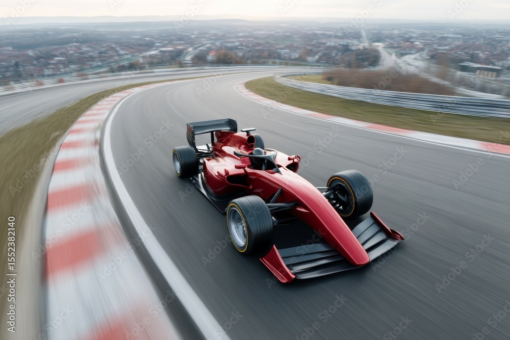 Obraz premium Red formula one car racing on curved track at high speed