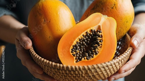 Woman holds basket with fresh tropical papaya fruits, food preparation and healthy diet