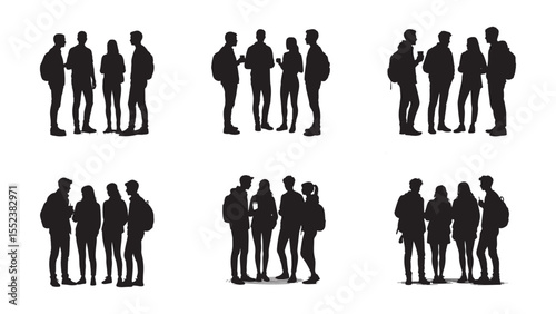 Group of four young friends standing together in silhouette against a white background