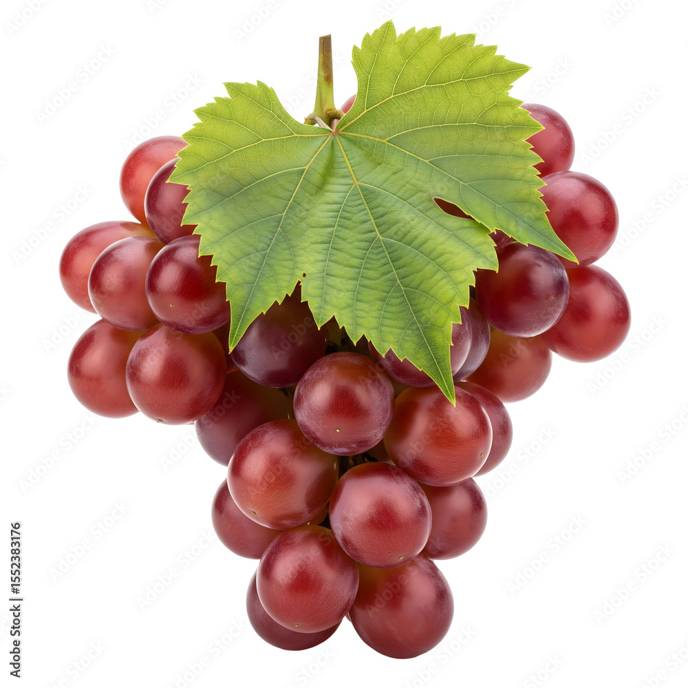Fototapeta premium A bunch of red grapes with a green leaf set on white or transparent background