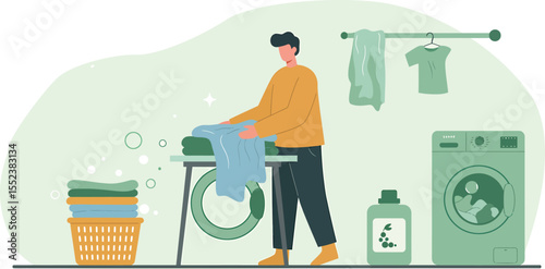 Man Ironing Clothes in Laundry Room Home Laundry and Ironing Tips
