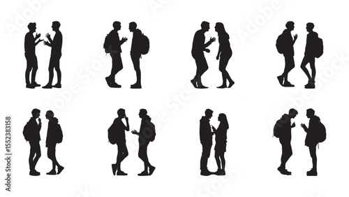Diverse silhouettes of people interacting and talking on a white background, Silhouettes of young men and women talking and interacting in various poses, group of friends silhouettes