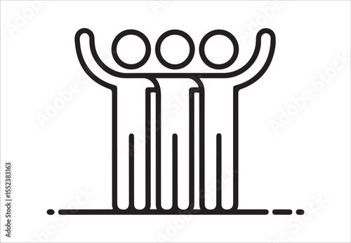 Three friends in a line embracing each other with raised arms in a minimalist style, Three stick figures with arms raised in celebration standing together